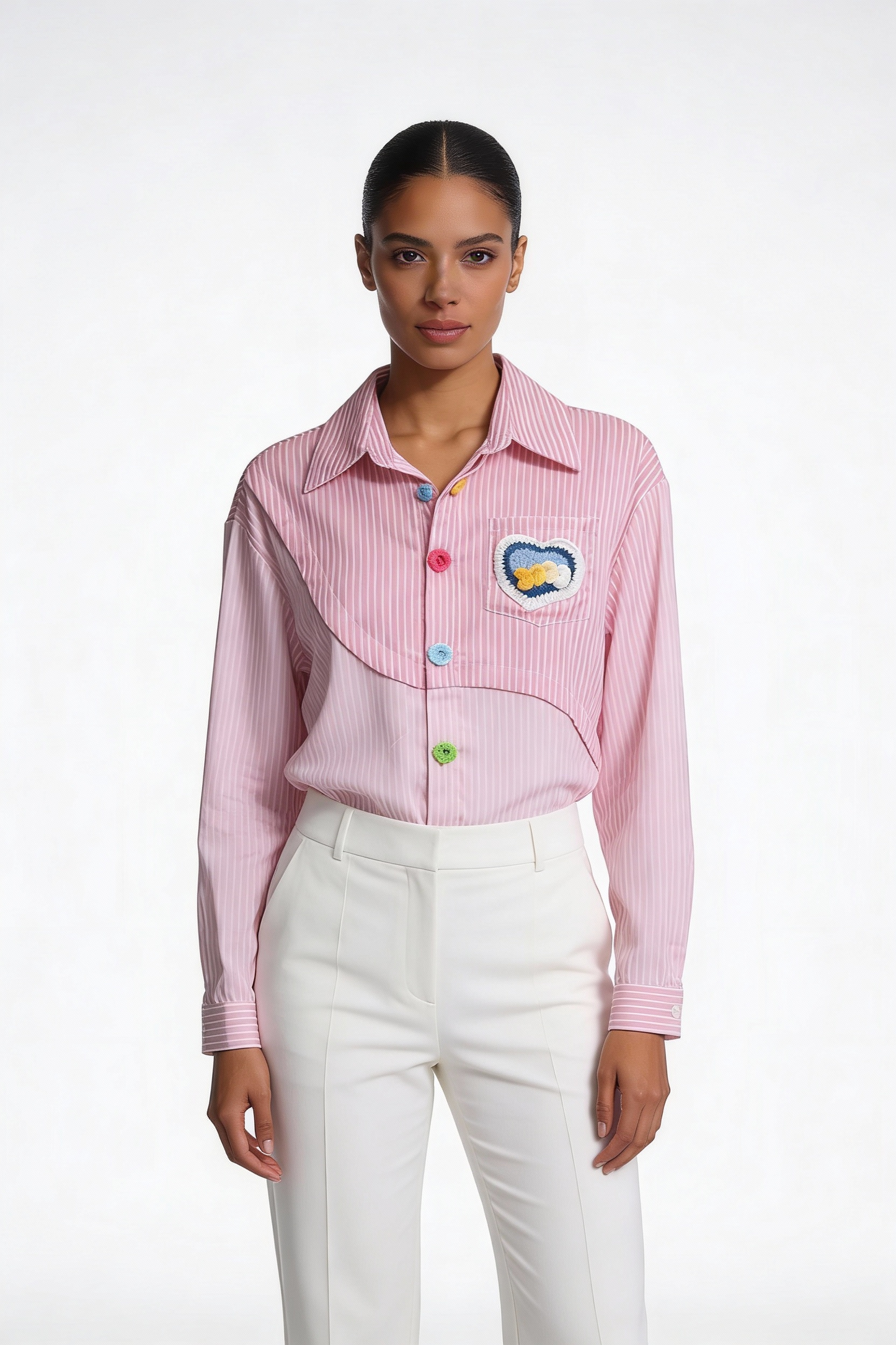 Patchwork Stripe Heart Button-Down Shirt