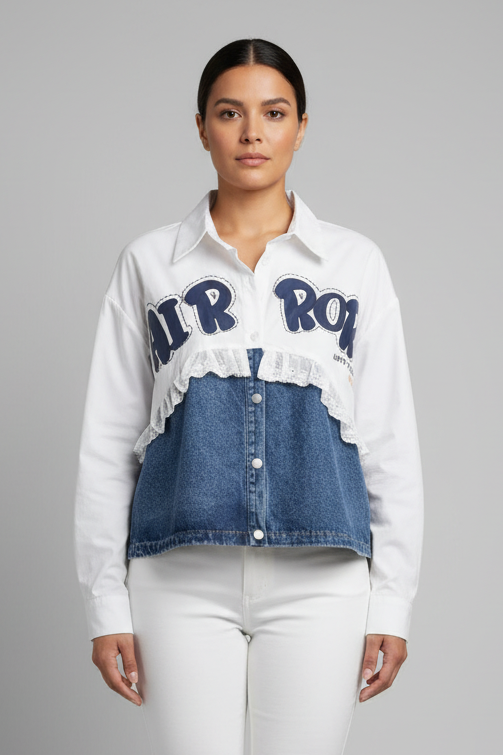 Oversized Denim Mixed Graphic Blouse