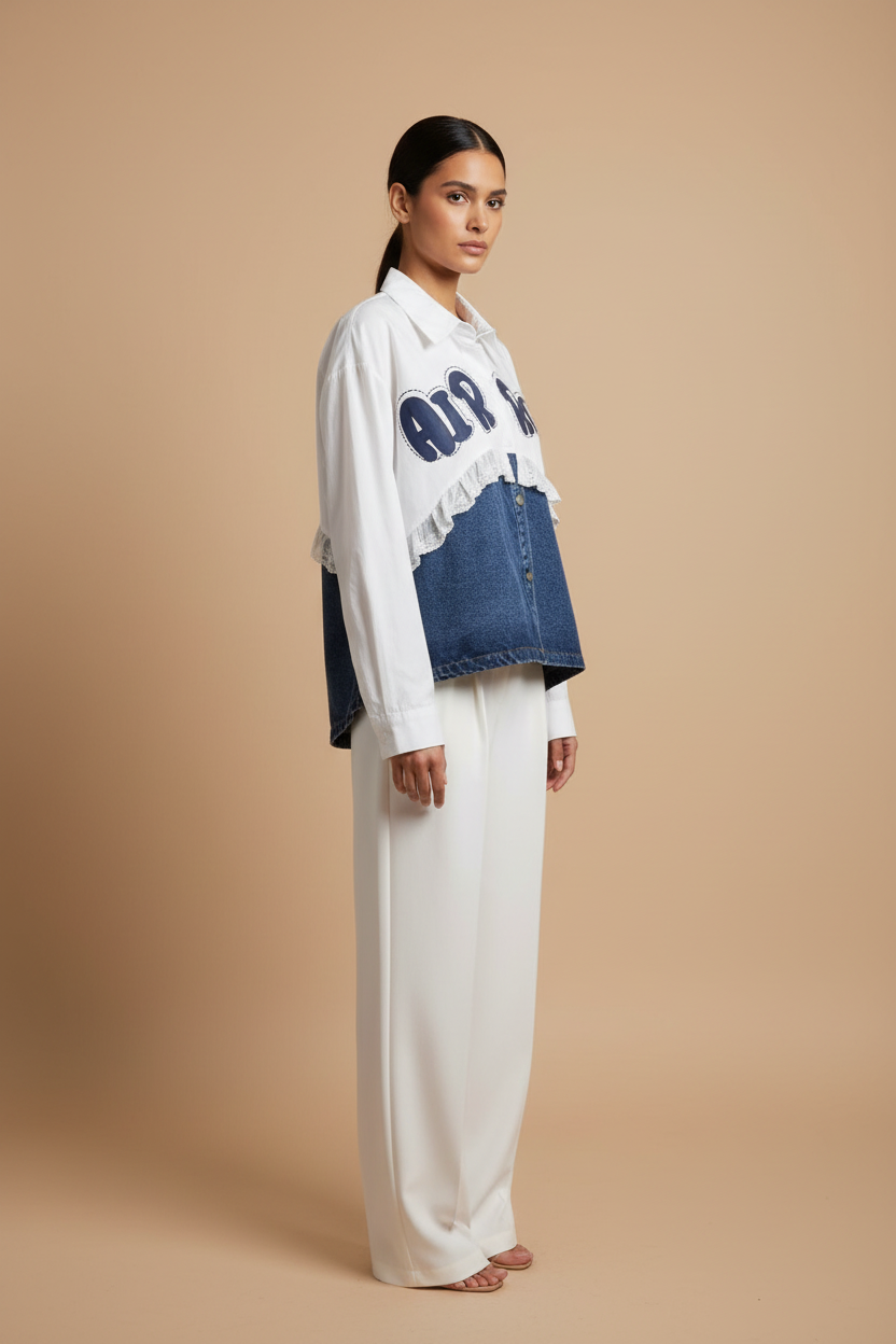 Oversized Denim Mixed Graphic Blouse