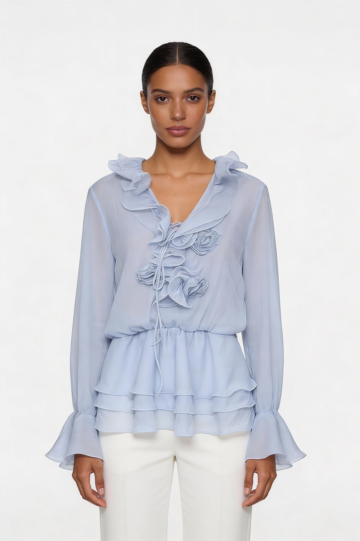 Ruffle Tiered Rosette Peplum Blouse