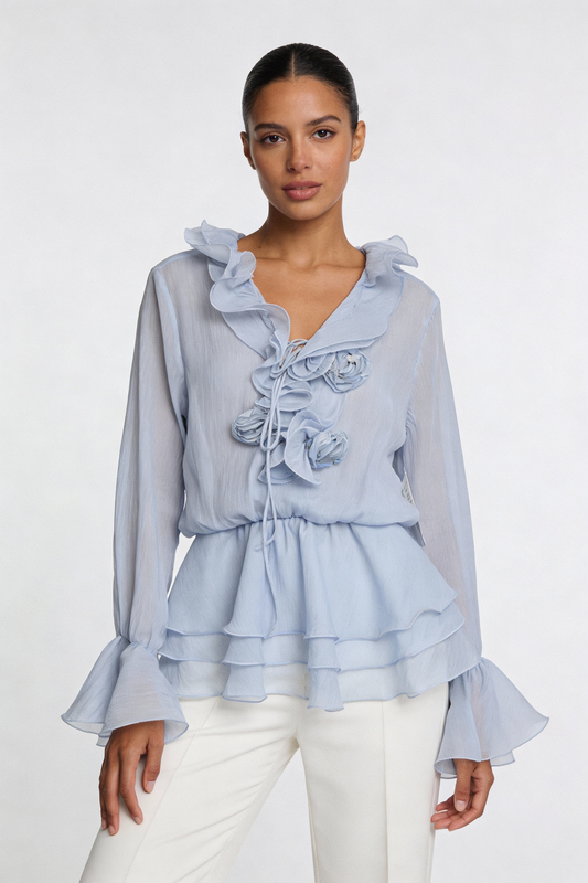 Ruffle Tiered Rosette Peplum Blouse