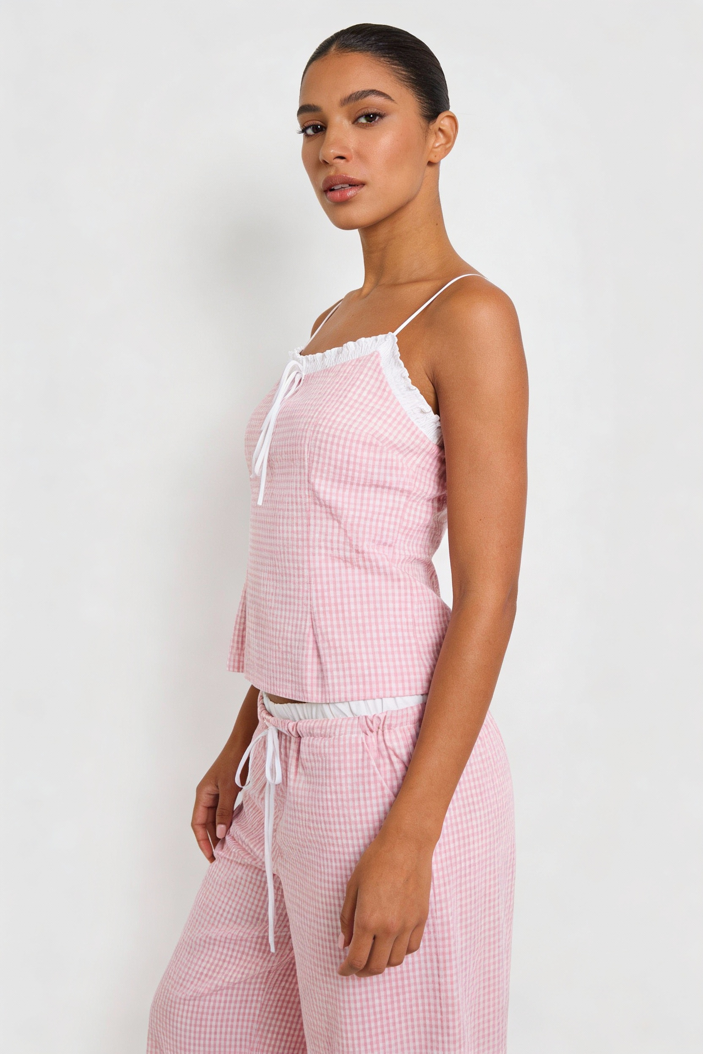 Gingham Lace-Trim Cami & Wide-Leg Pant Set