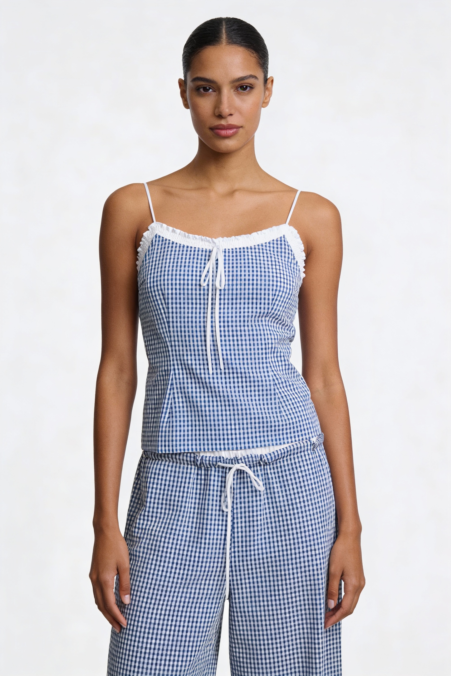Gingham Lace-Trim Cami & Wide-Leg Pant Set