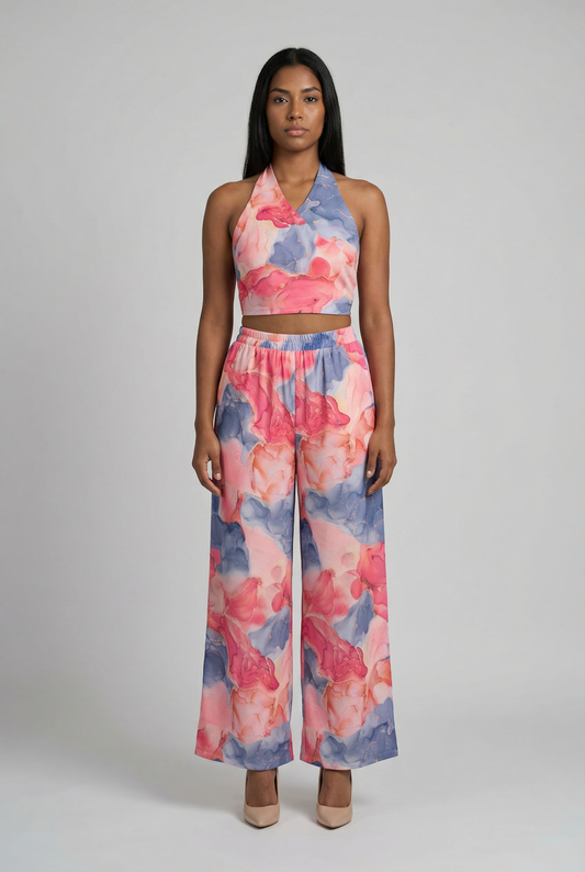 Watercolor Floral Halter & Wide-Leg Pant Set