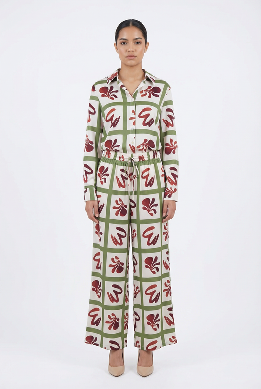 Geometric Floral Grid Shirt & Pant Set