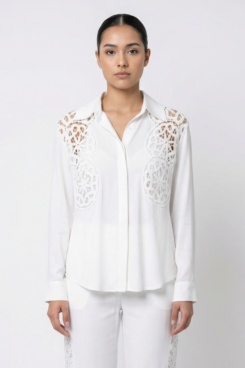 Crochet Lace Insert Cotton Shirt & Pant Set