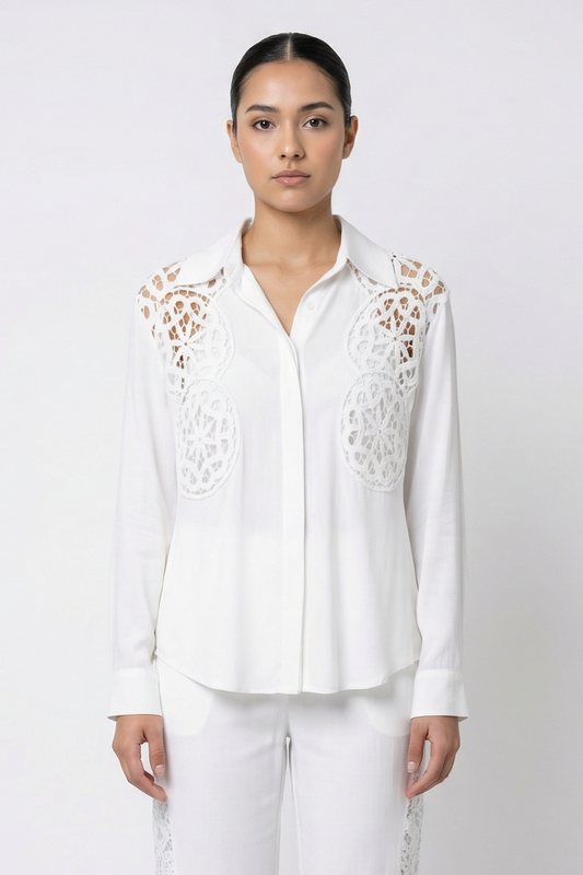 Crochet Lace Insert Cotton Shirt & Pant Set