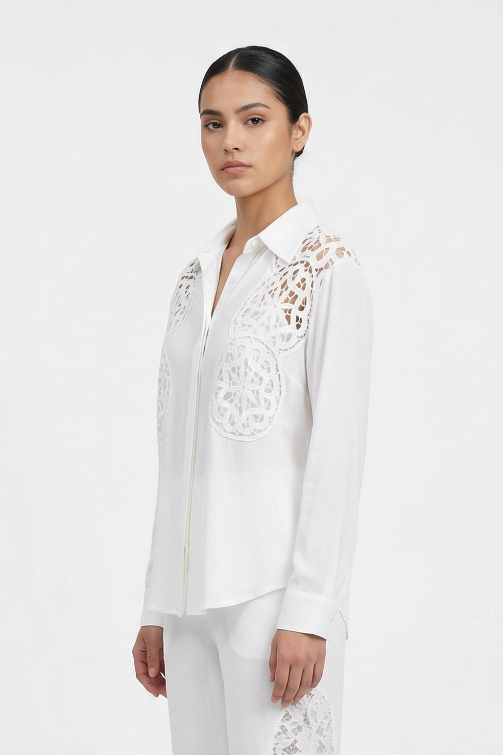 Crochet Lace Insert Cotton Shirt & Pant Set