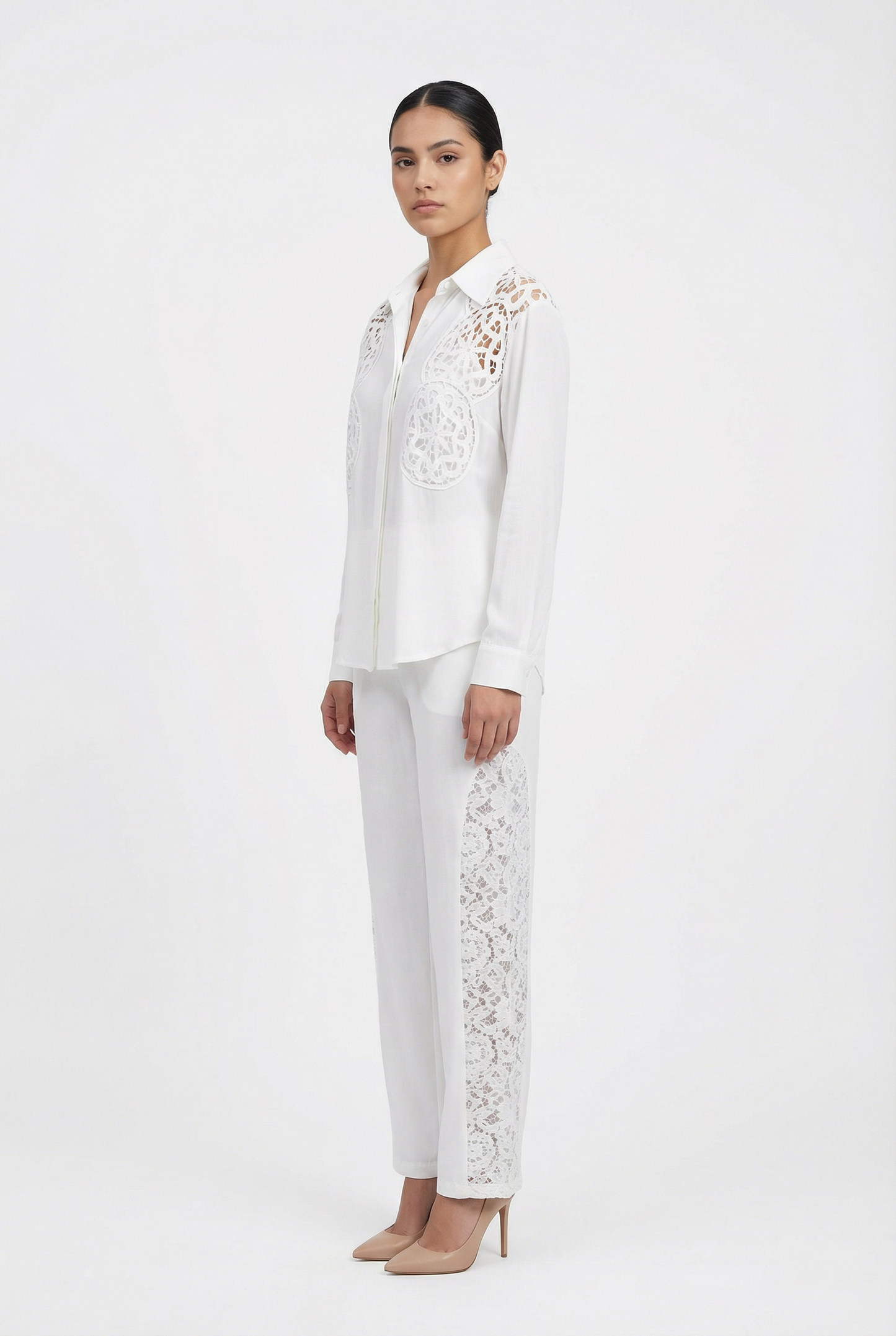 Crochet Lace Insert Cotton Shirt & Pant Set