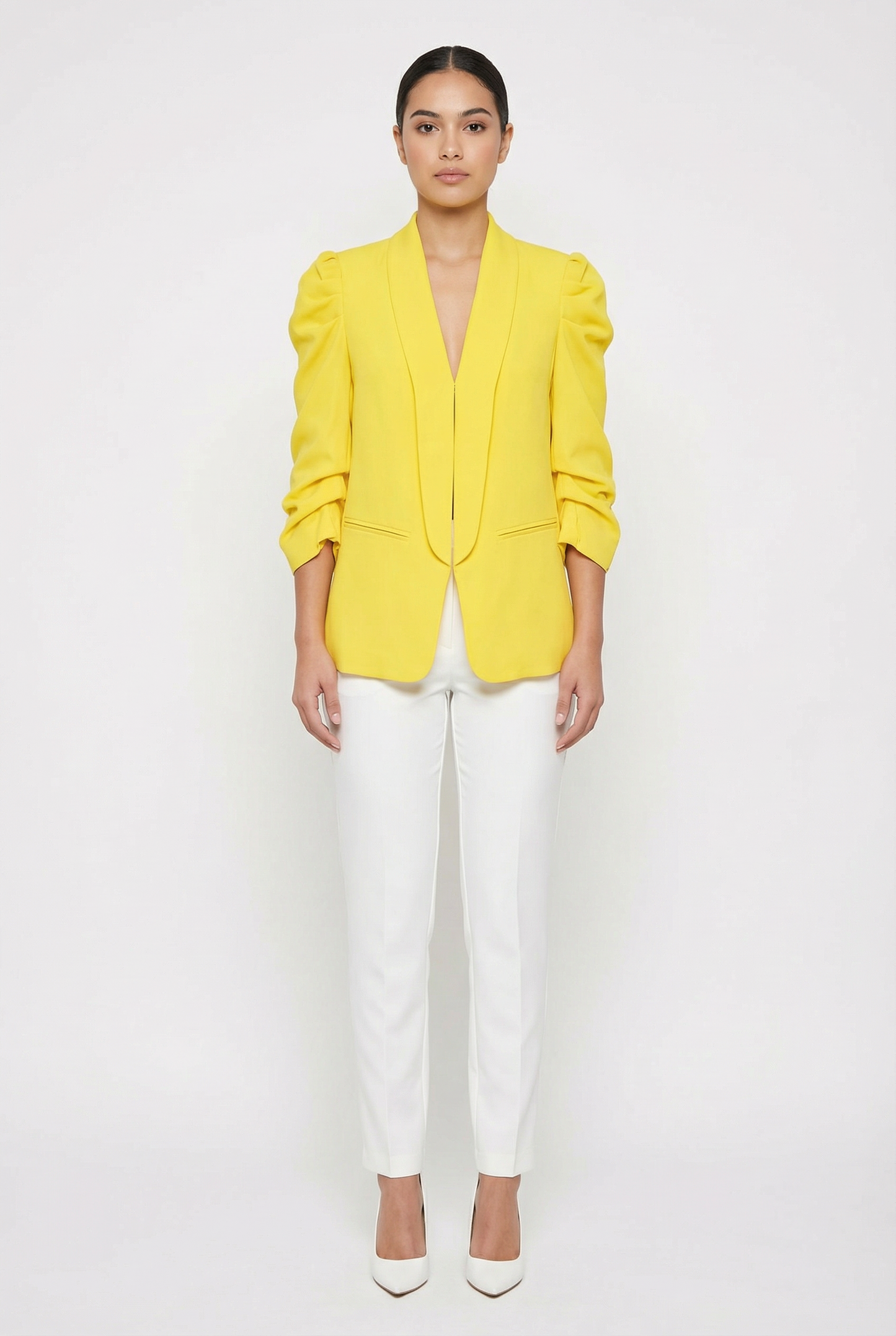 Ruched Puff Sleeve Open-Front Blazer