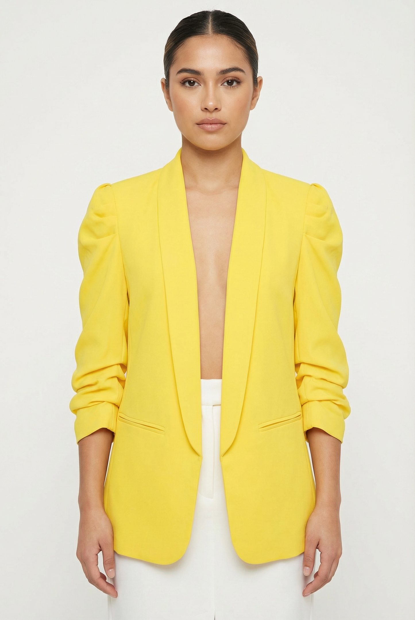 Ruched Puff Sleeve Open-Front Blazer