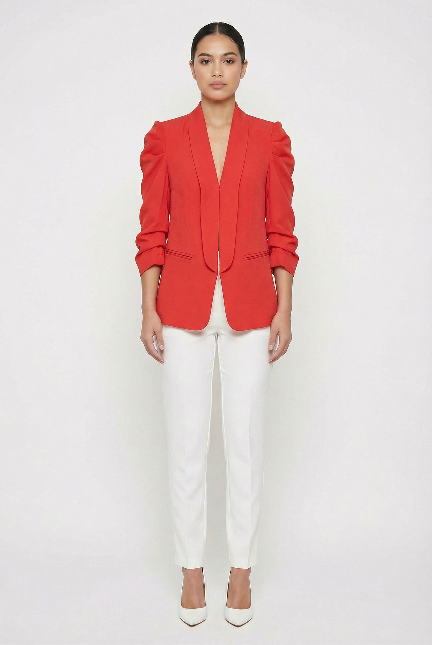 Ruched Puff Sleeve Open-Front Blazer