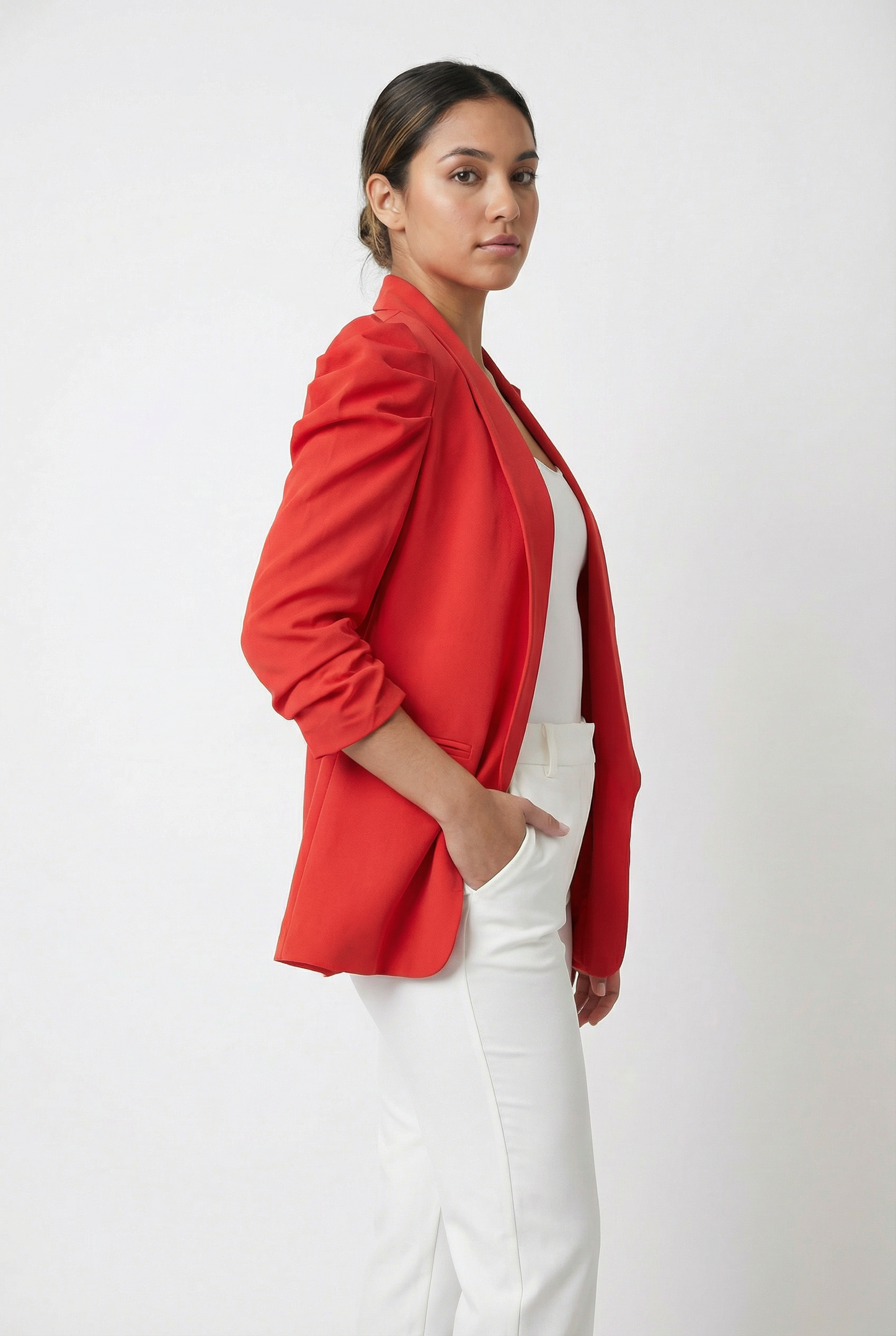 Ruched Puff Sleeve Open-Front Blazer