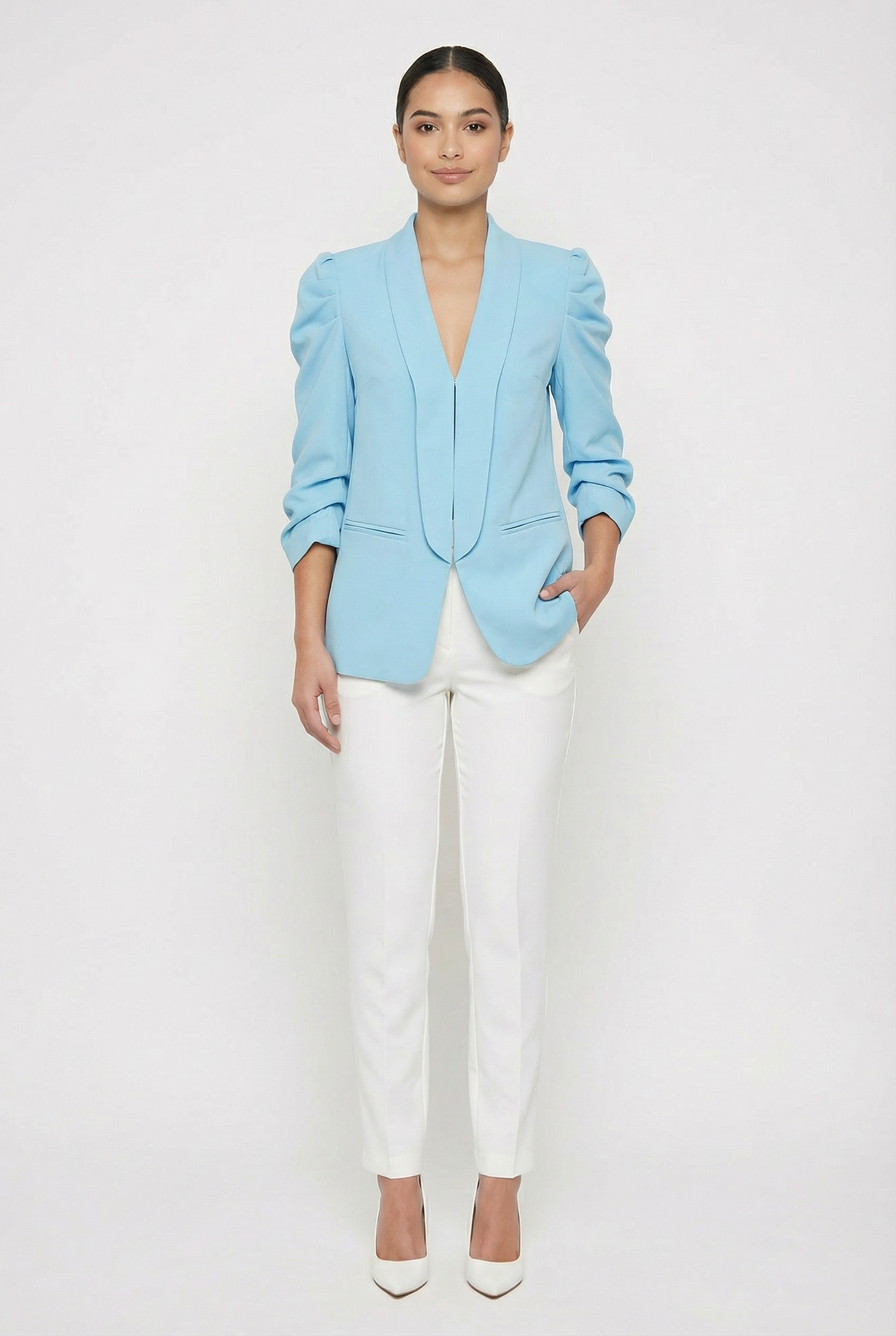 Ruched Puff Sleeve Open-Front Blazer