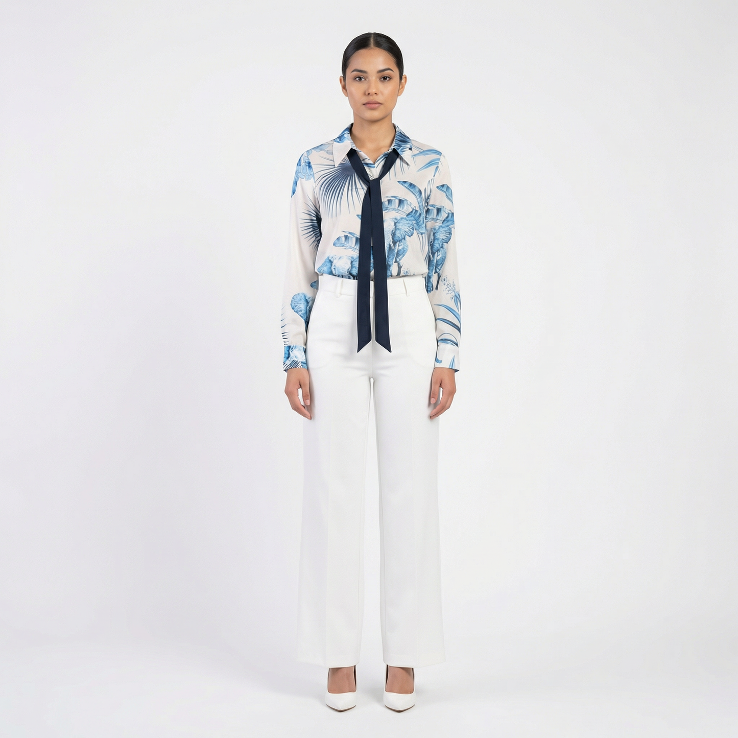 Tropical Print Tie-Neck Blouse