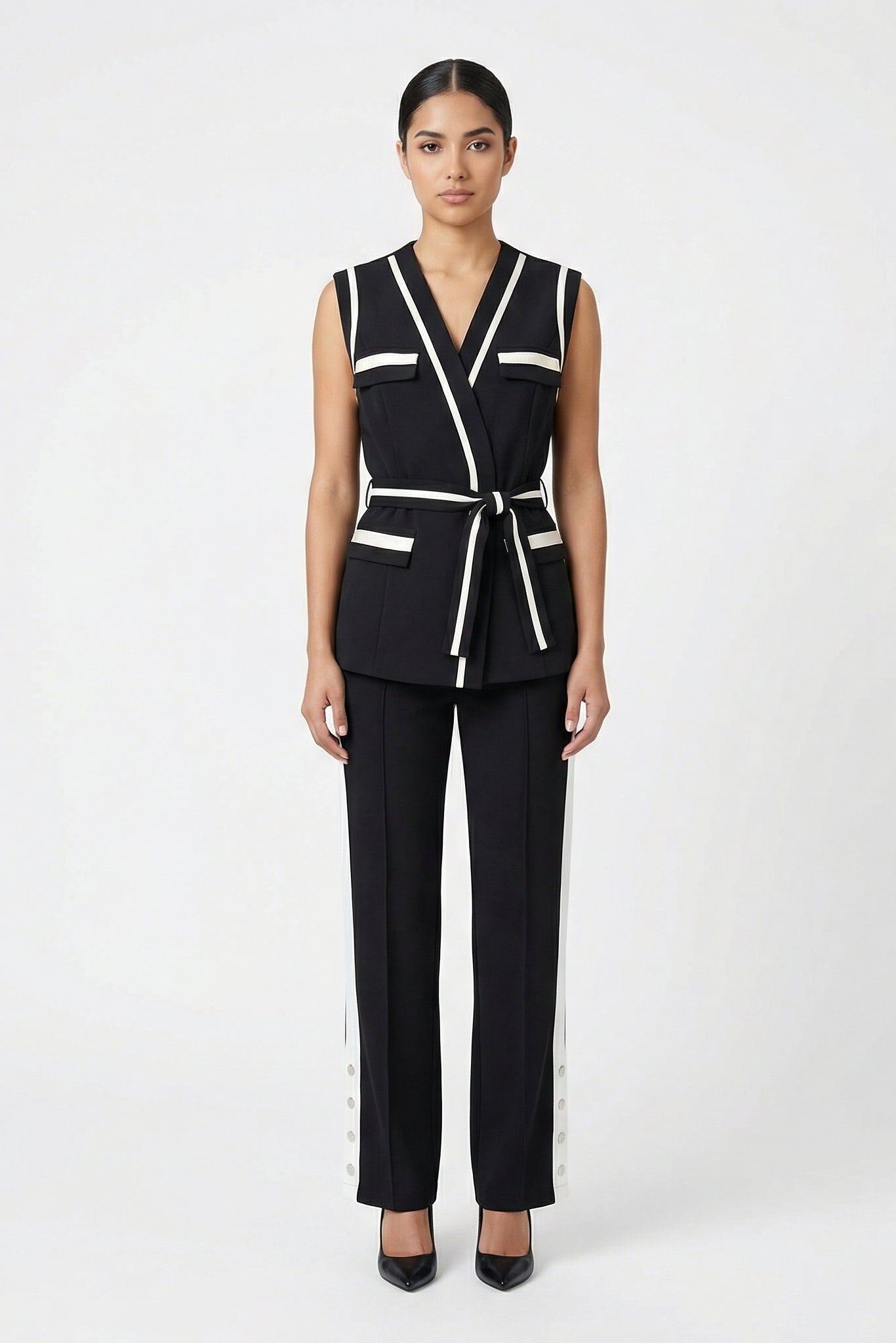 Contrast Trim Belted Vest & Pant Set