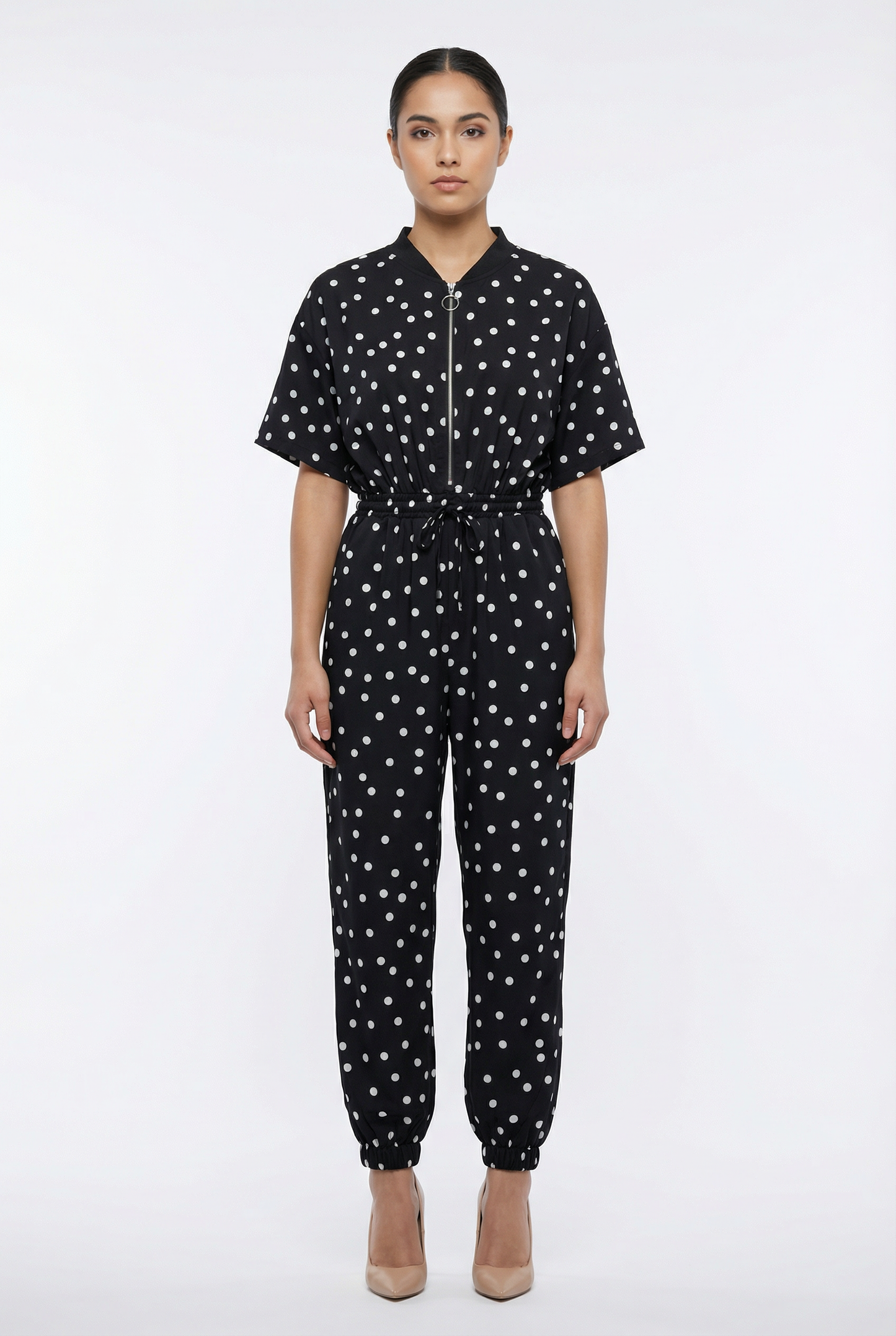 Polka Dot Zip-Front Jogger Jumpsuit