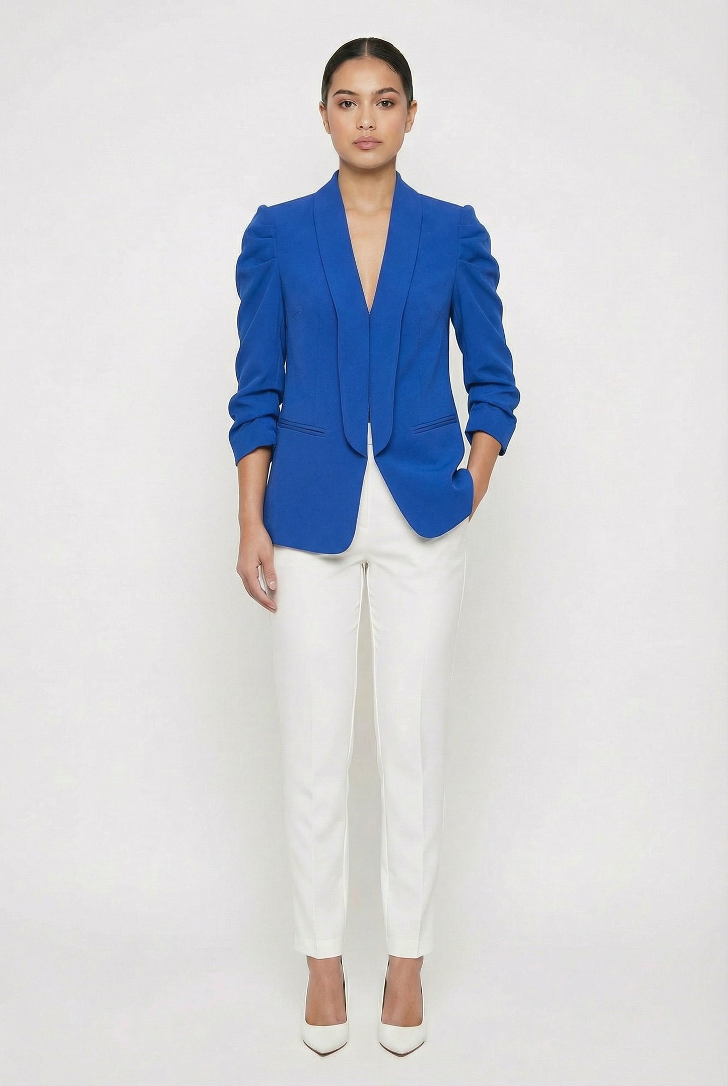Ruched Puff Sleeve Open-Front Blazer