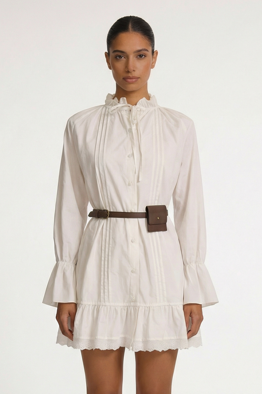 Ruffle Trim Cotton Poplin Dress with Belt Bag