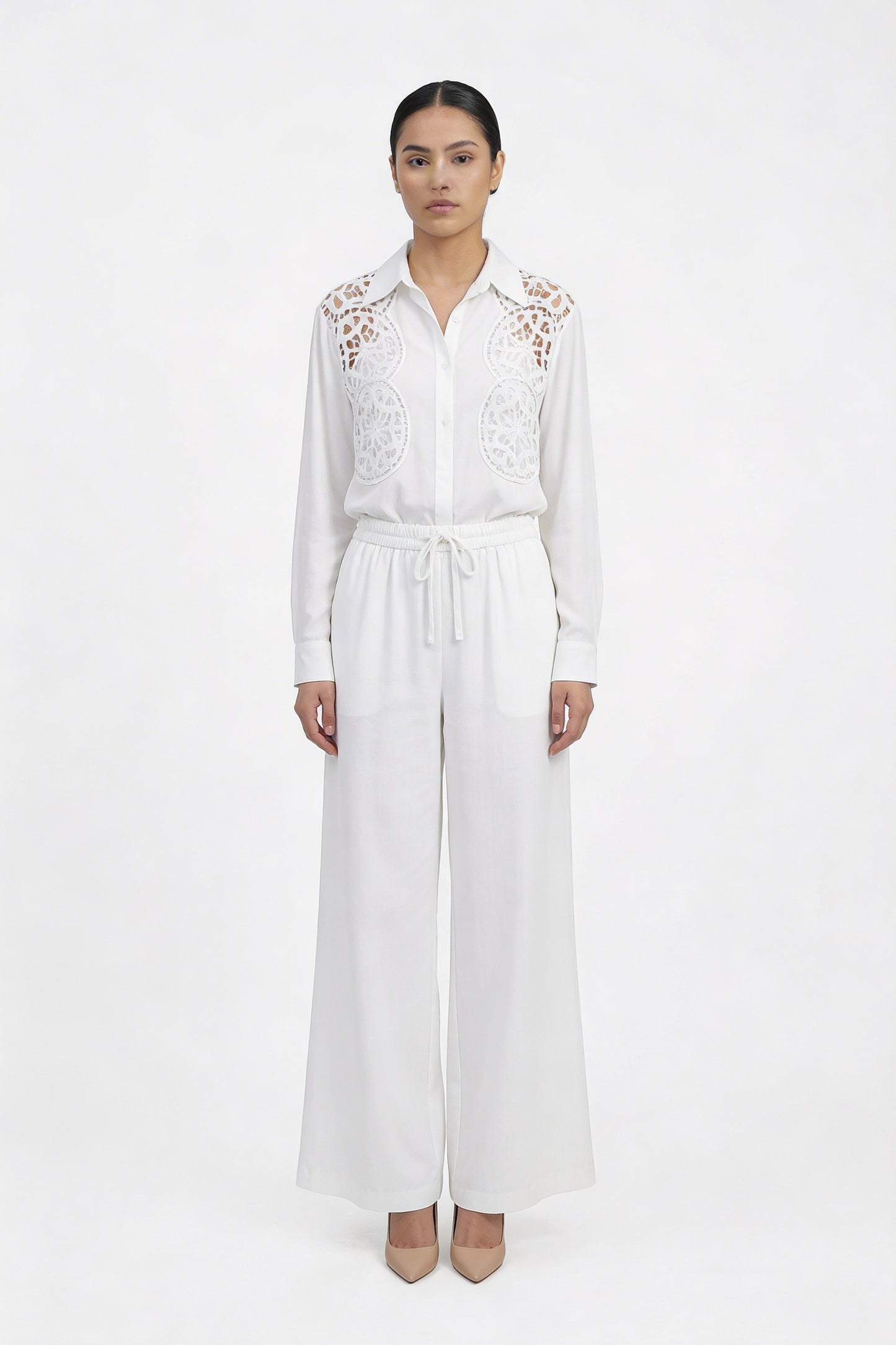 Crochet Lace Insert Cotton Shirt & Pant Set