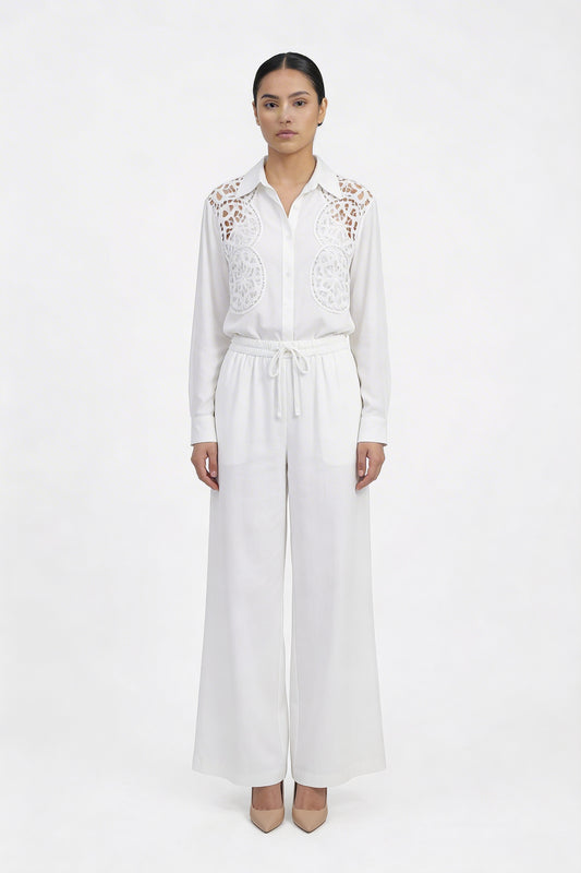 Crochet Lace Insert Cotton Shirt & Pant Set