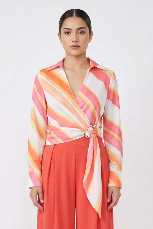Sunset Stripe Buckle Wrap Blouse
