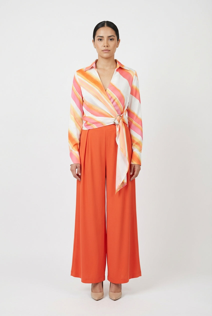 Sunset Stripe Buckle Wrap Blouse