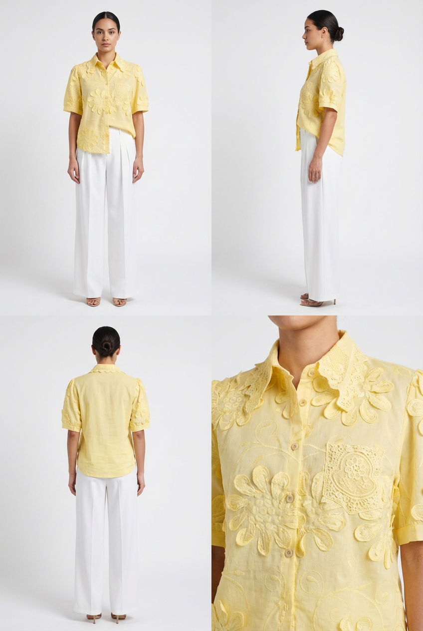 3D Floral Appliqué Short-Sleeve Blouse