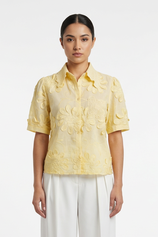 3D Floral Appliqué Short-Sleeve Blouse