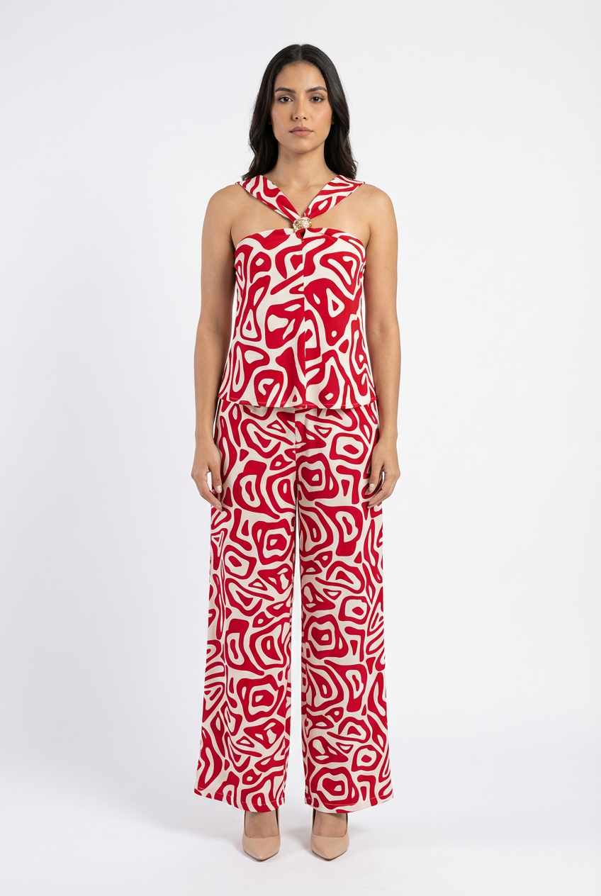 Abstract Geometric Halter & Wide-Leg Pant Set