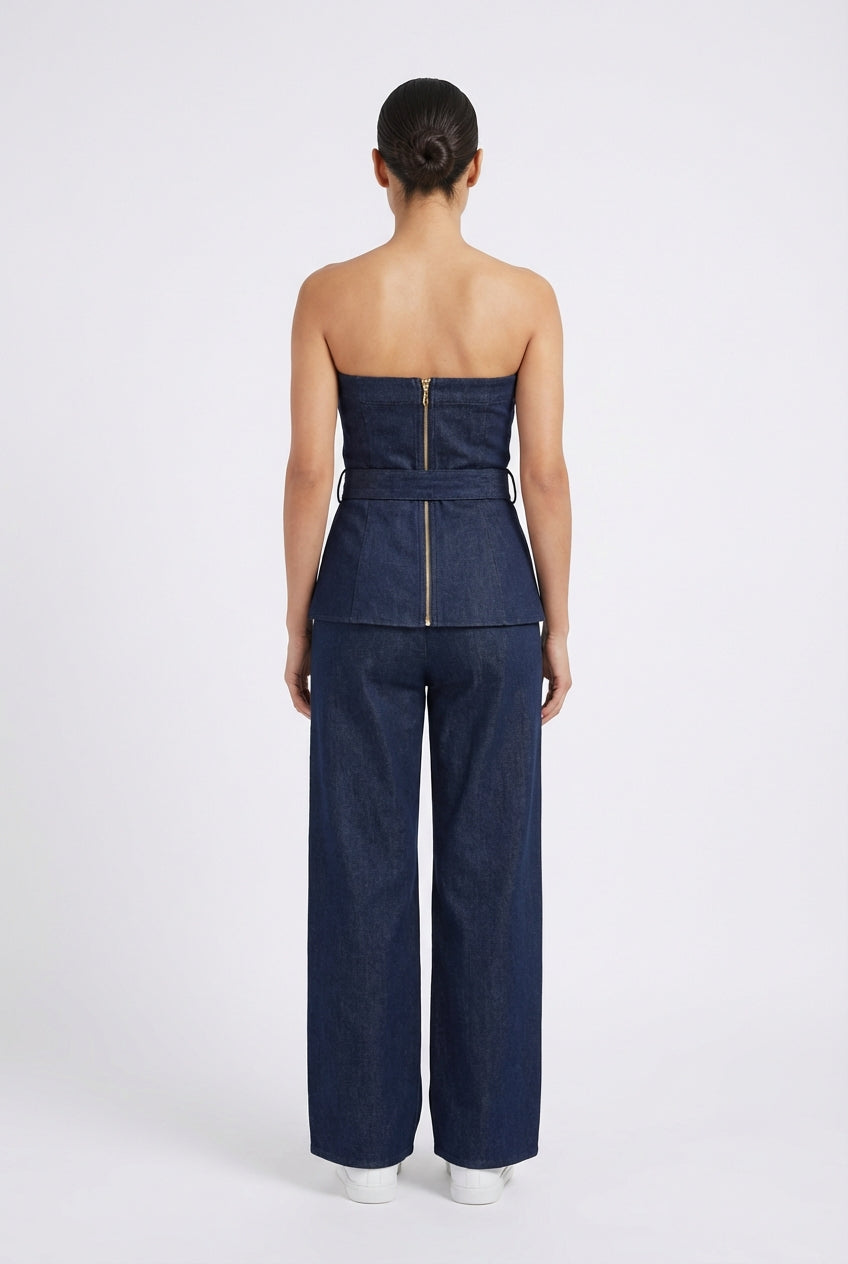 Strapless Belted Denim Peplum Set