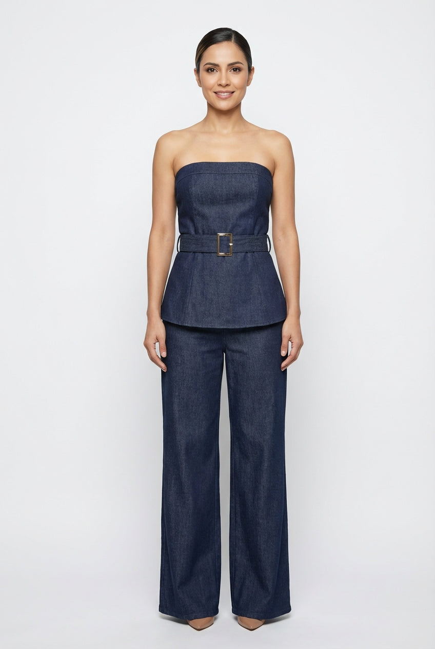 Strapless Belted Denim Peplum Set