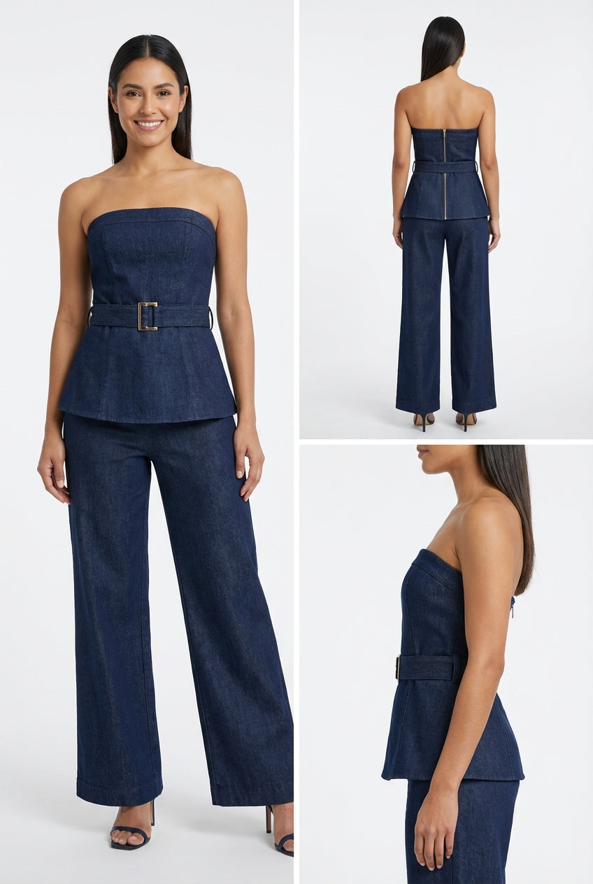 Strapless Belted Denim Peplum Set