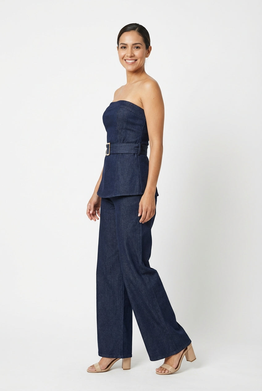 Strapless Belted Denim Peplum Set