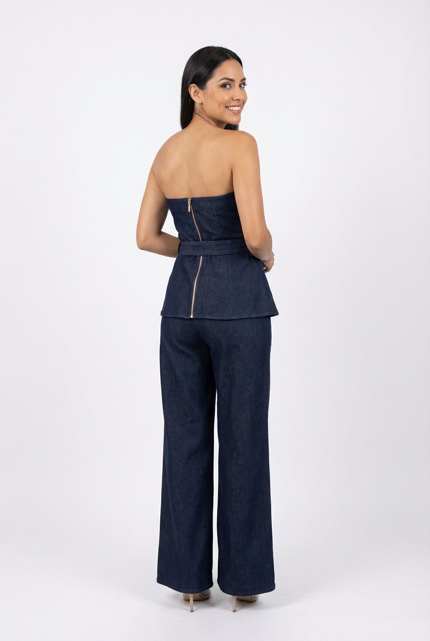 Strapless Belted Denim Peplum Set