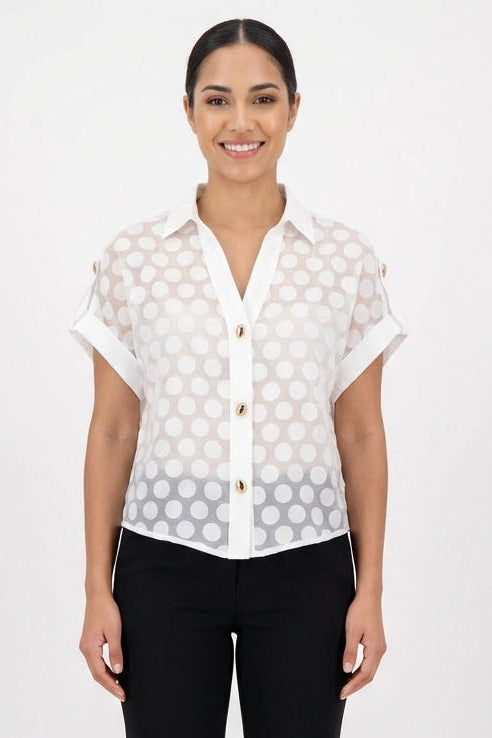 Sheer Polka Dot Button-Down Blouse