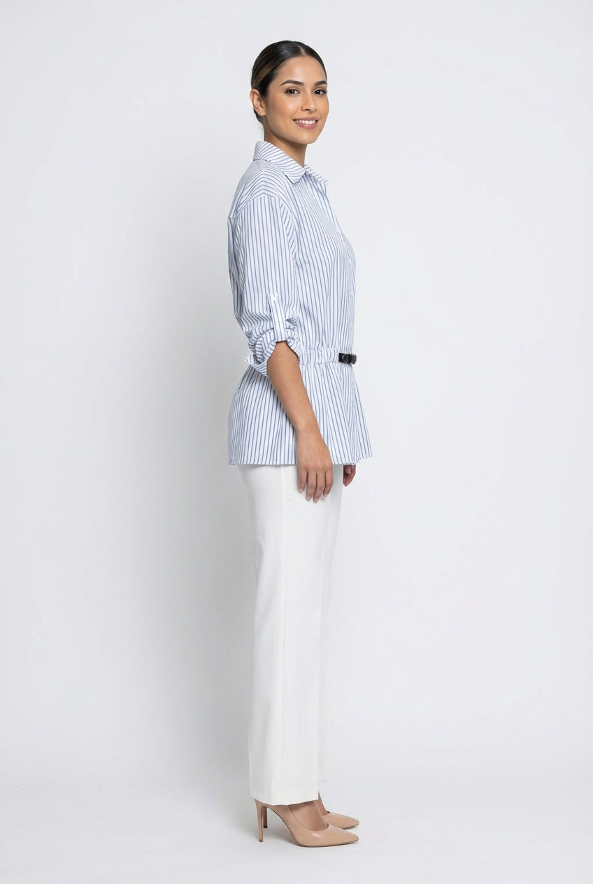 Striped Tunic Blouse with Belt Detail