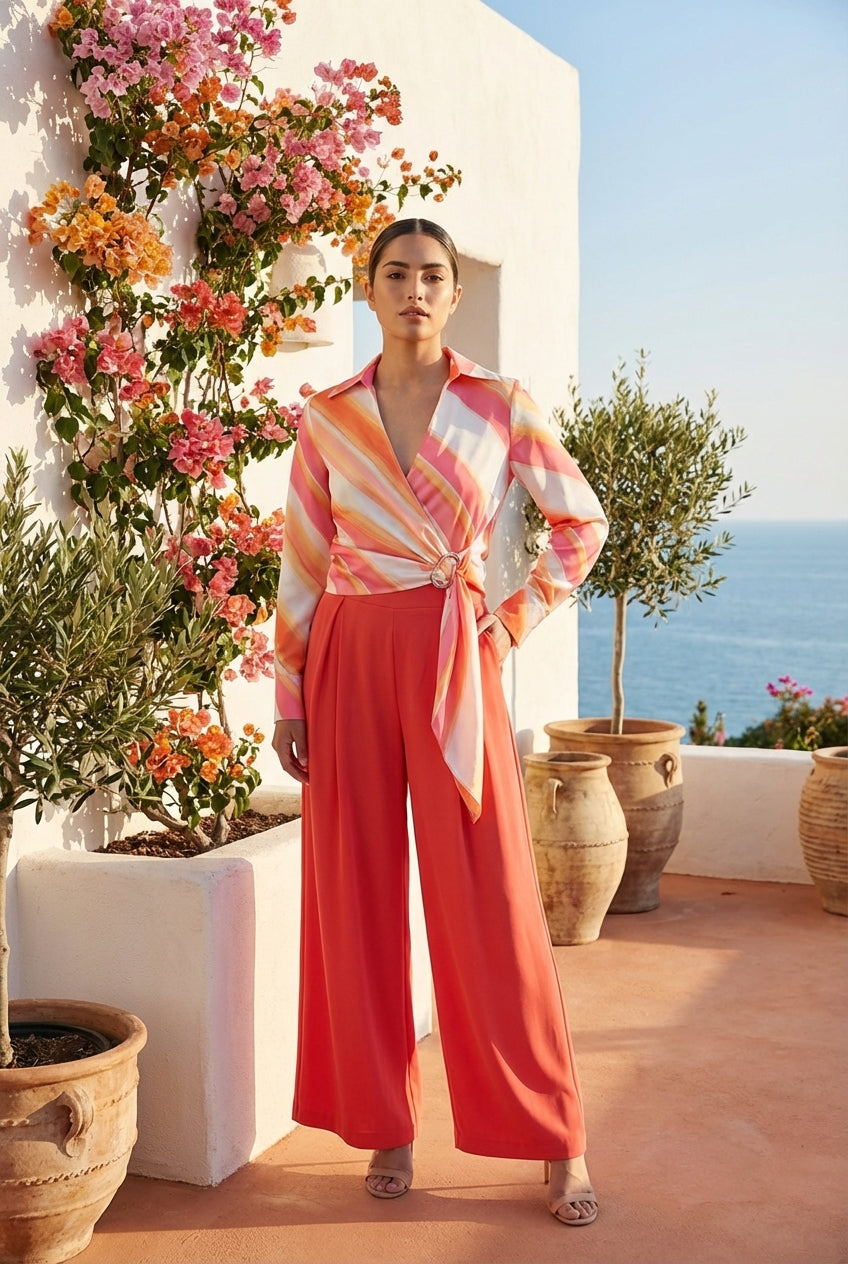 Sunset Stripe Buckle Wrap Blouse