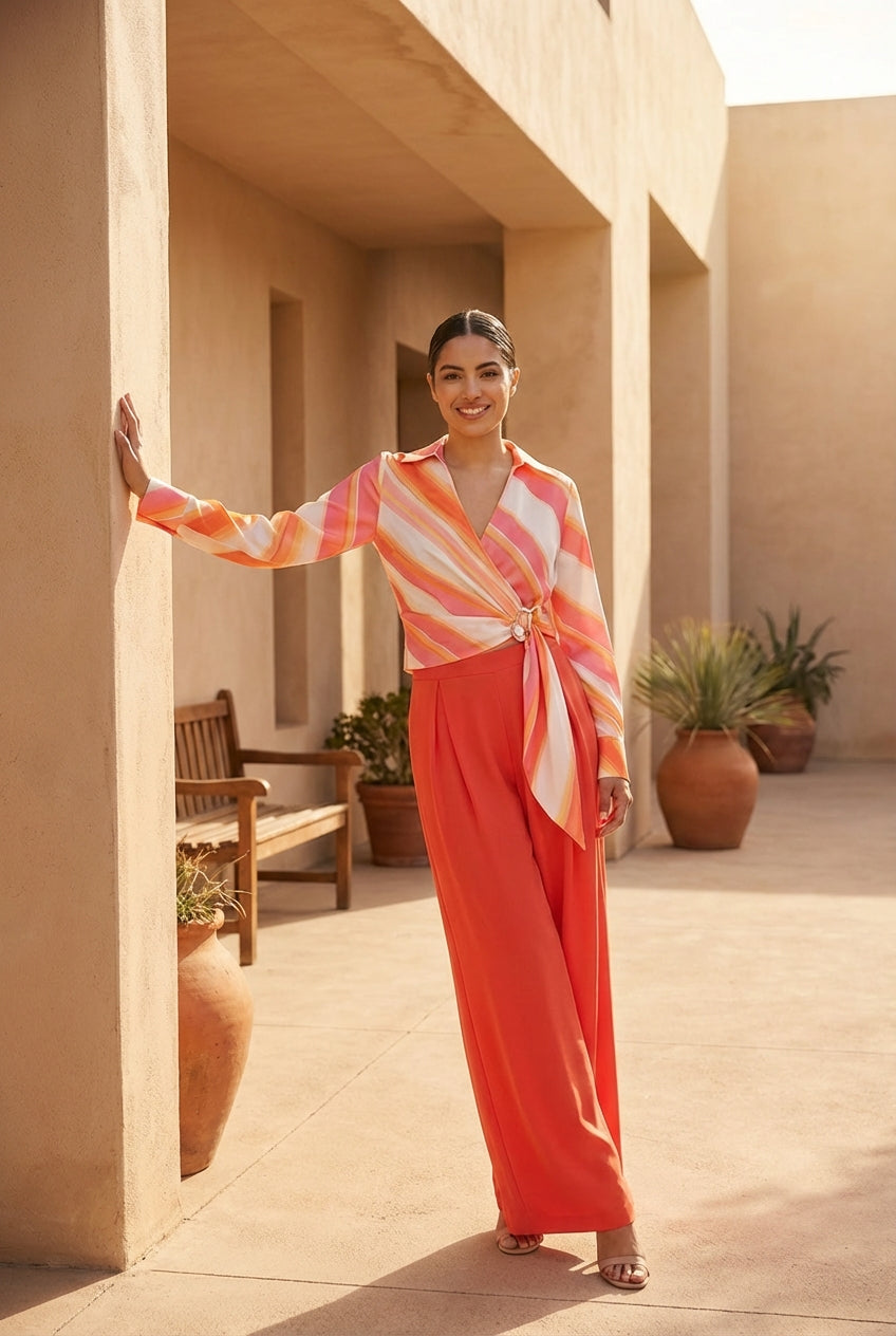 Sunset Stripe Buckle Wrap Blouse