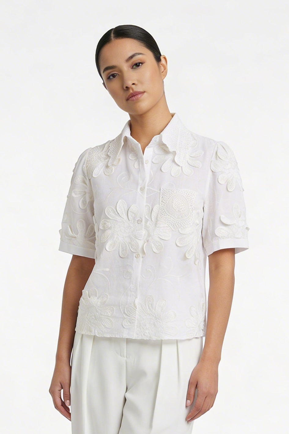3D Floral Appliqué Short-Sleeve Blouse