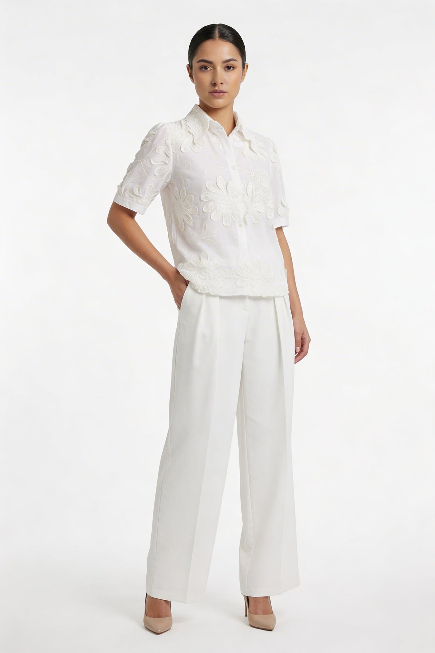 3D Floral Appliqué Short-Sleeve Blouse