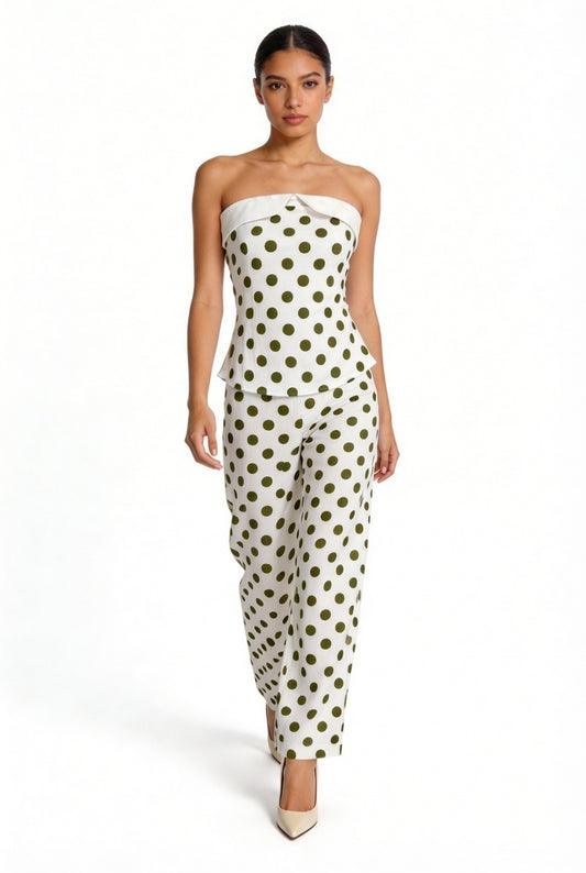 Polka Dot Strapless Peplum & Trouser Set