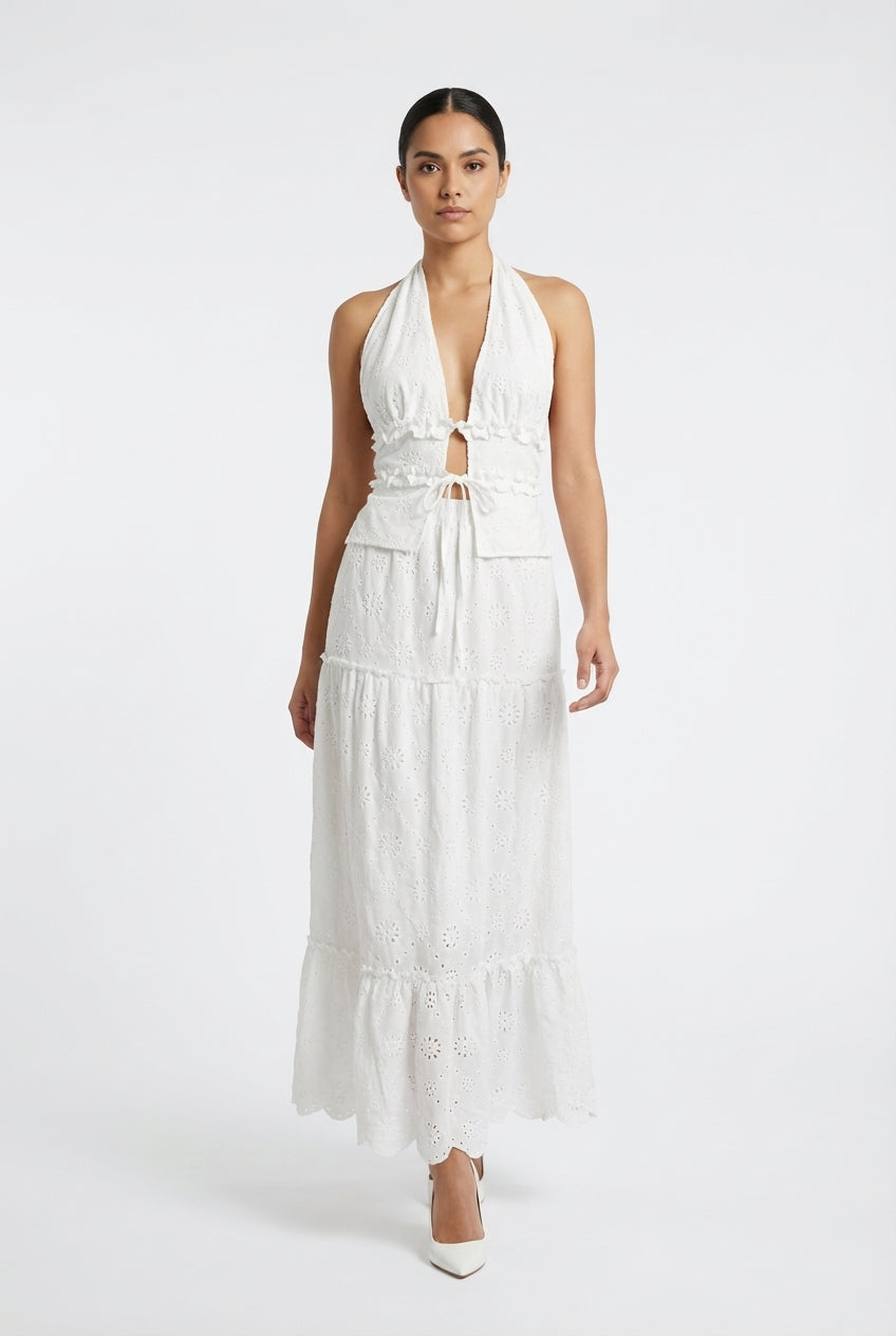 Eyelet Halter Top & Tiered Skirt Set