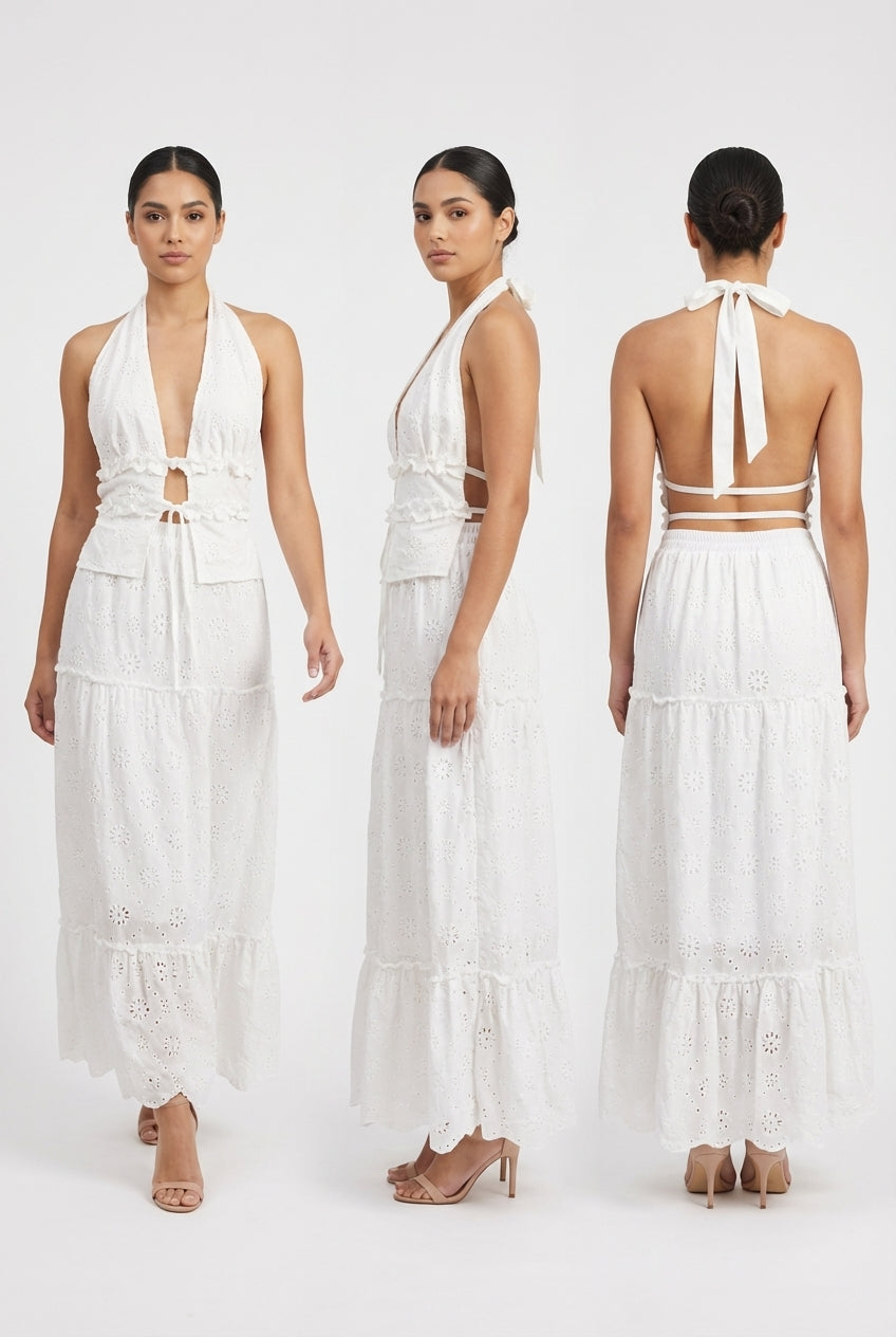 Eyelet Halter Top & Tiered Skirt Set