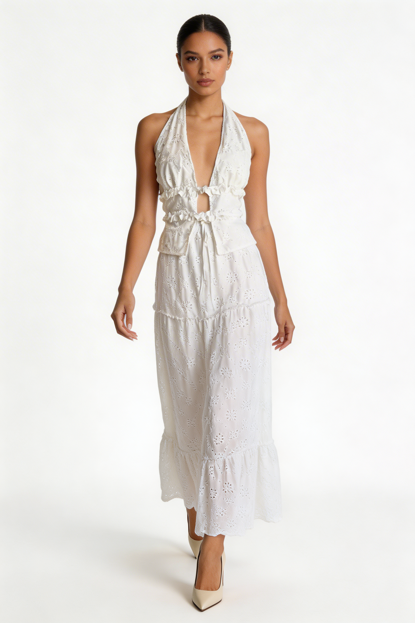 Eyelet Halter Top & Tiered Skirt Set