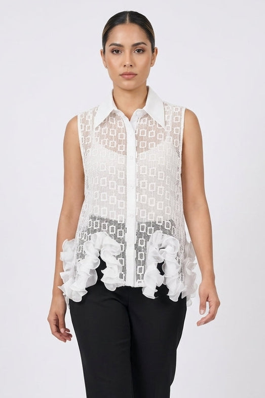 Sheer Geometric Ruffle-Hem Sleeveless Blouse