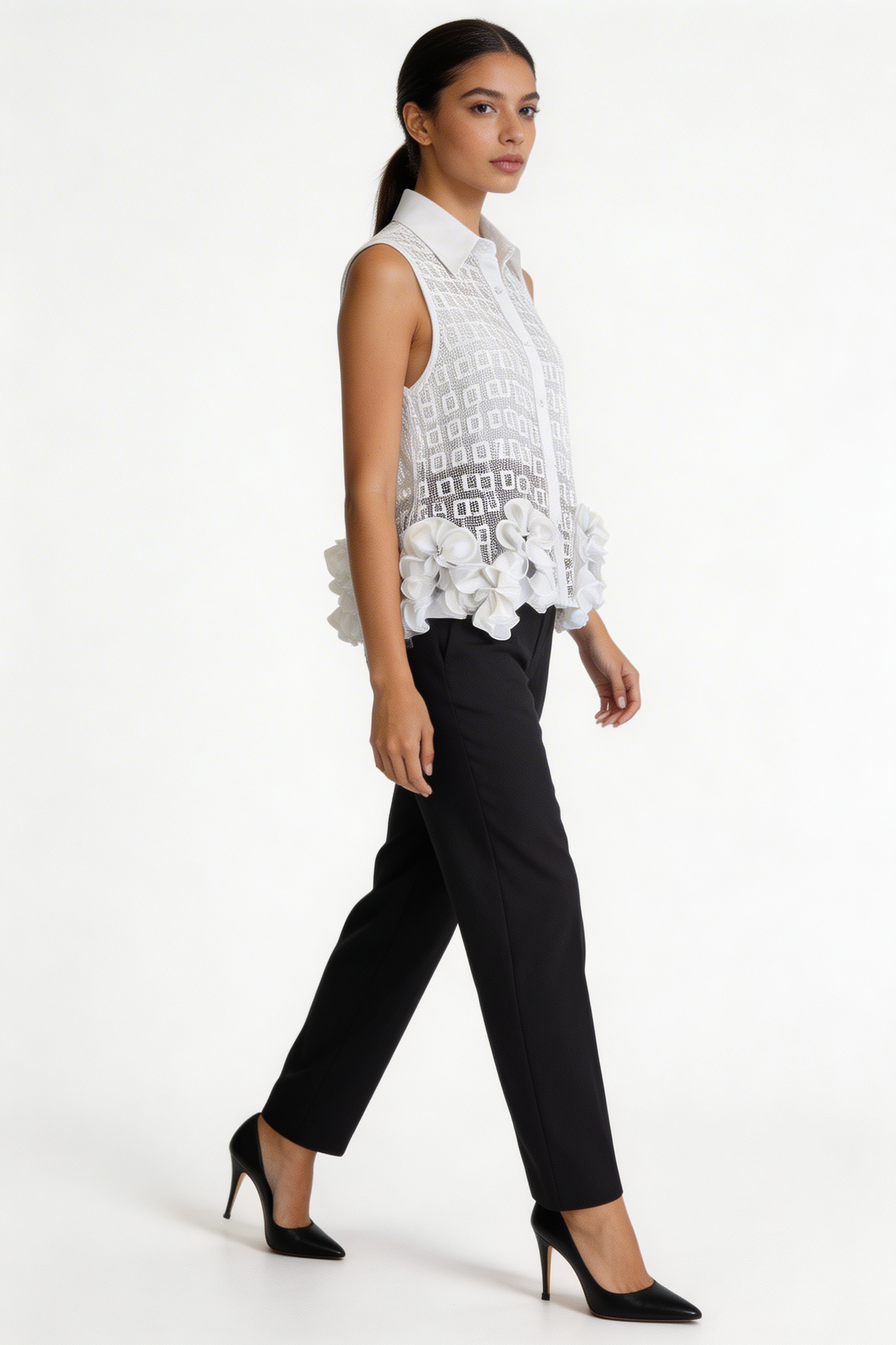 Sheer Geometric Ruffle-Hem Sleeveless Blouse