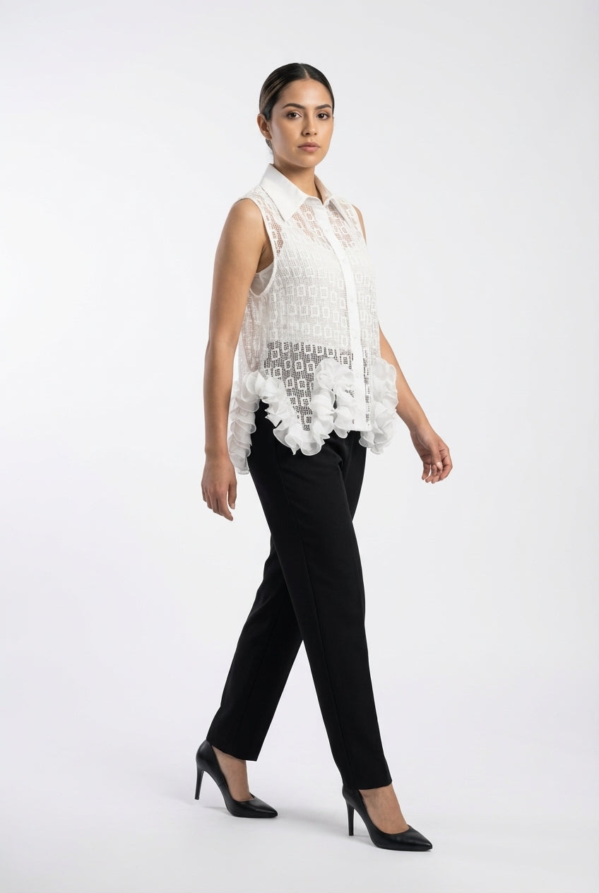 Sheer Geometric Ruffle-Hem Sleeveless Blouse