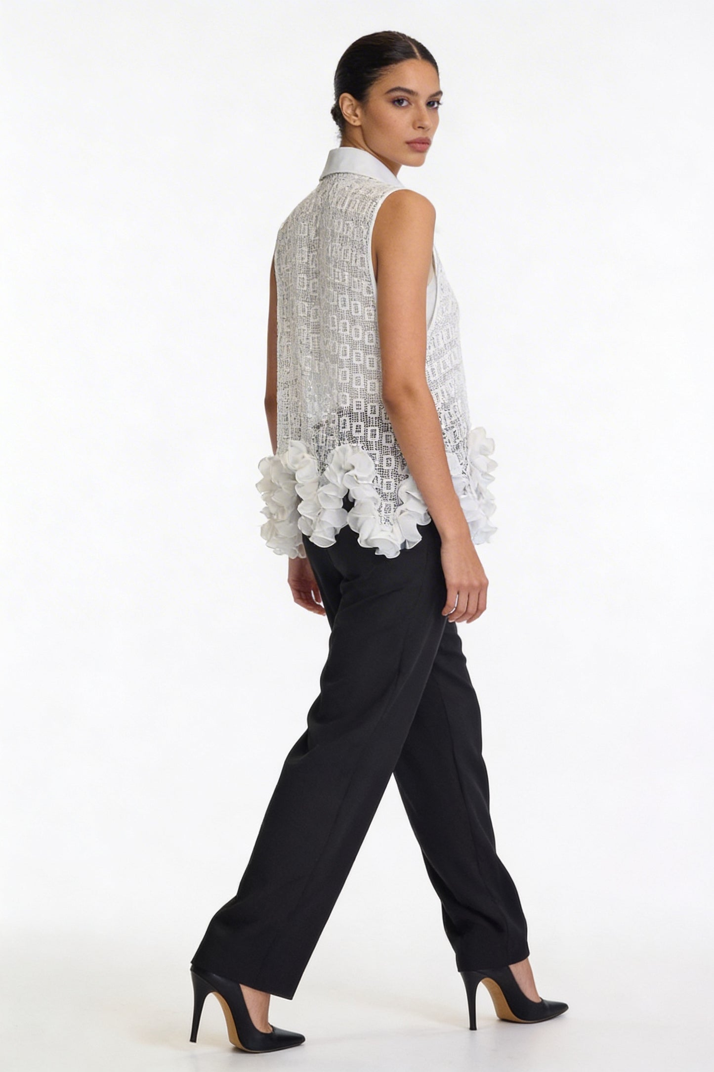 Sheer Geometric Ruffle-Hem Sleeveless Blouse