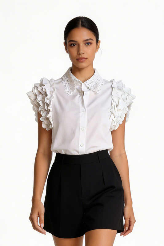 Embroidered Lace-Collar Ruffle Blouse